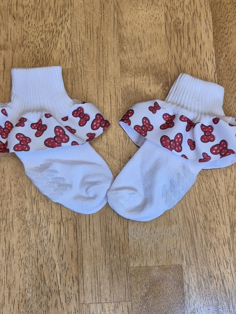 Kids White Socks with Red Bow Ribbon Ruffle Sz 12 - 24 Mo Minnie Mouse Inspired